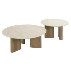 Salontafel Walnoot/Travertin - 76x76x30cm - Set Van 2