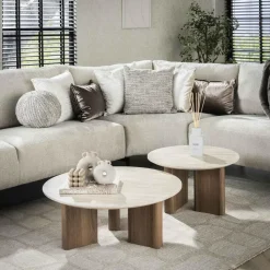 Salontafel Walnoot/Travertin - 76x76x30cm - Set Van 2