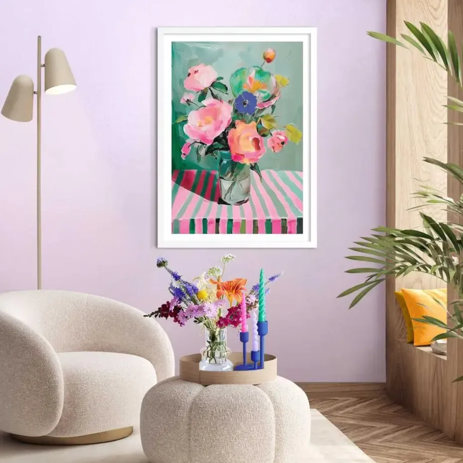 Schilderij Bloemen op tafel - 70 x 50cm - Bont