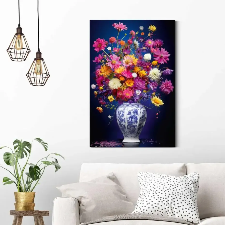 Schilderij Delft Flowers - 90 x 60cm - Bont