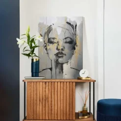 Schilderij Gezicht - 70 x 50cm - Goudkleurig