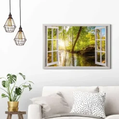 Schilderij Zonnestralen in het bos - 60 x 90cm - Groen