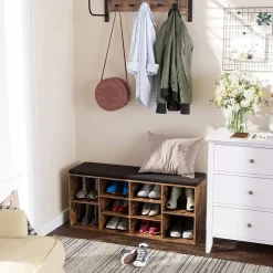 Schoenenbank - met kussen - 10 vakken - 104x48x30 cm - vintage bruin