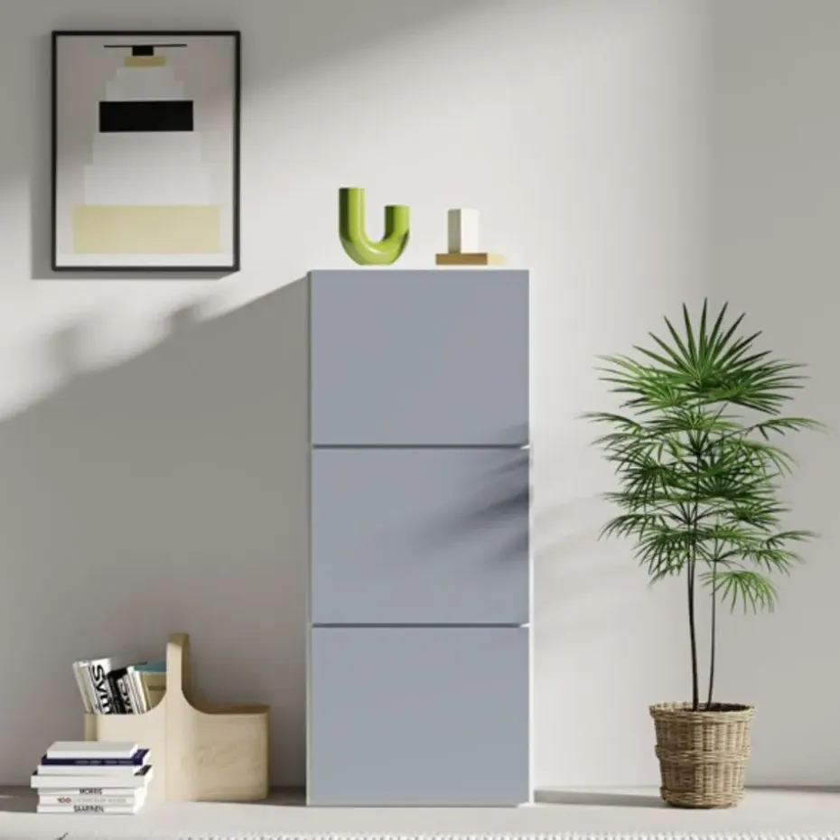 Schoenenkast Baylinn 3 draaideuren en 5 legplanken-celadon grijs/wit