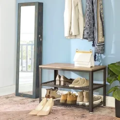 Schoenenrek met 2 legplanken - Schoenenbank - Industrieel design - Grijs-Zwart