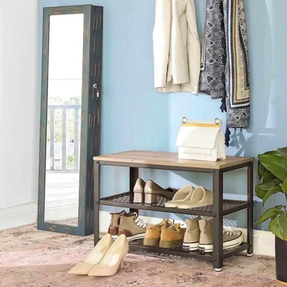 Schoenenrek met 2 legplanken - Schoenenbank - Industrieel design - Grijs-Zwart