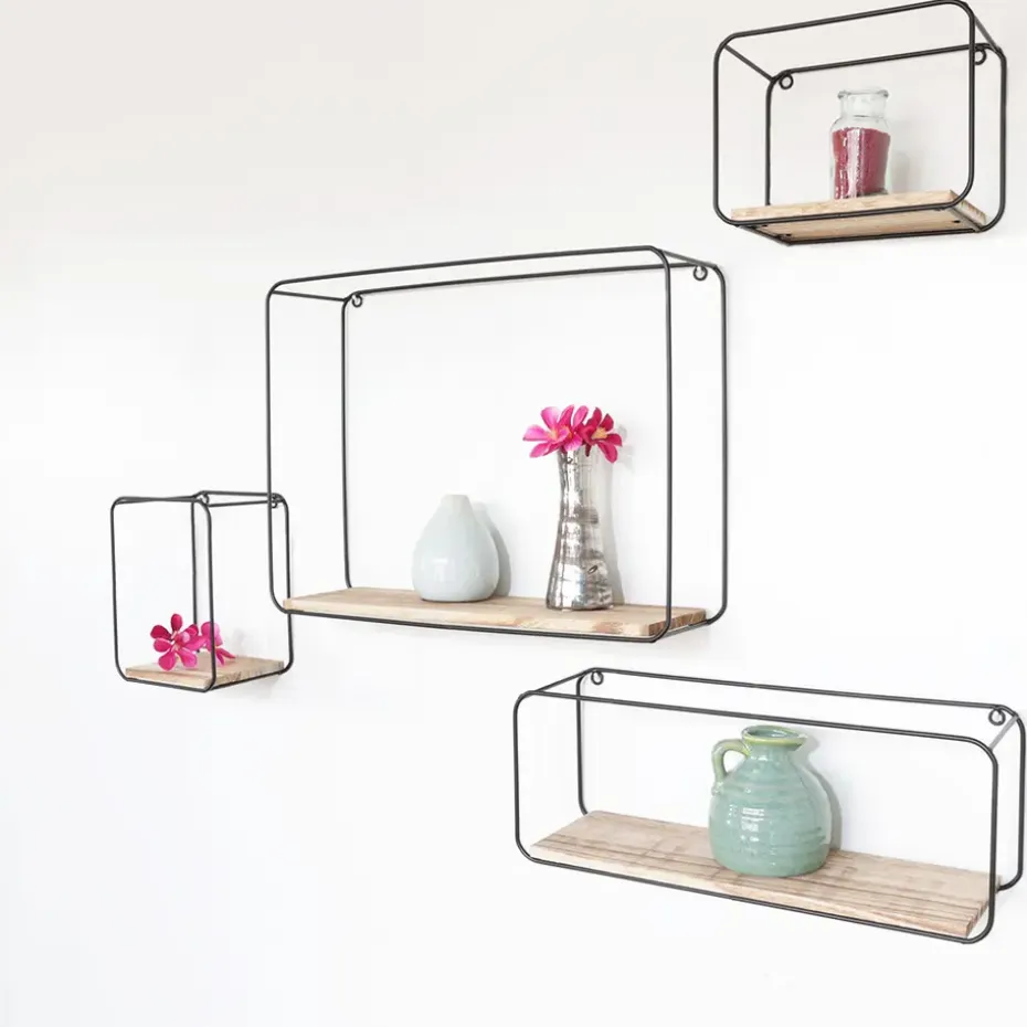 Set van 4 rechthoekige metalen wandrekjes met houten plankje - Zwart