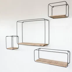 Set van 4 rechthoekige metalen wandrekjes met houten plankje - Zwart