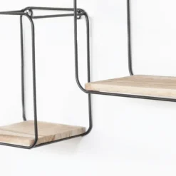 Set van 4 rechthoekige metalen wandrekjes met houten plankje - Zwart