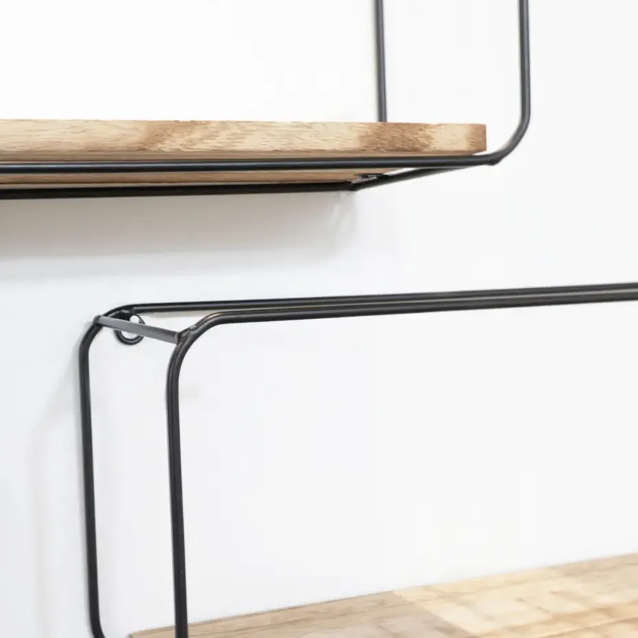 Set van 4 rechthoekige metalen wandrekjes met houten plankje - Zwart