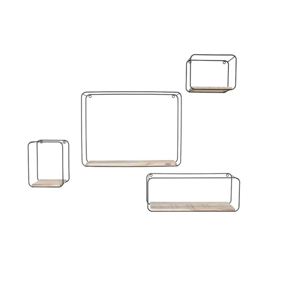 Set van 4 rechthoekige metalen wandrekjes met houten plankje - Zwart