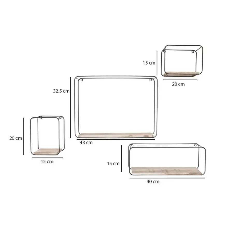 Set van 4 rechthoekige metalen wandrekjes met houten plankje - Zwart