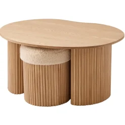 Set van een houten salontafel en 2 witte poefs