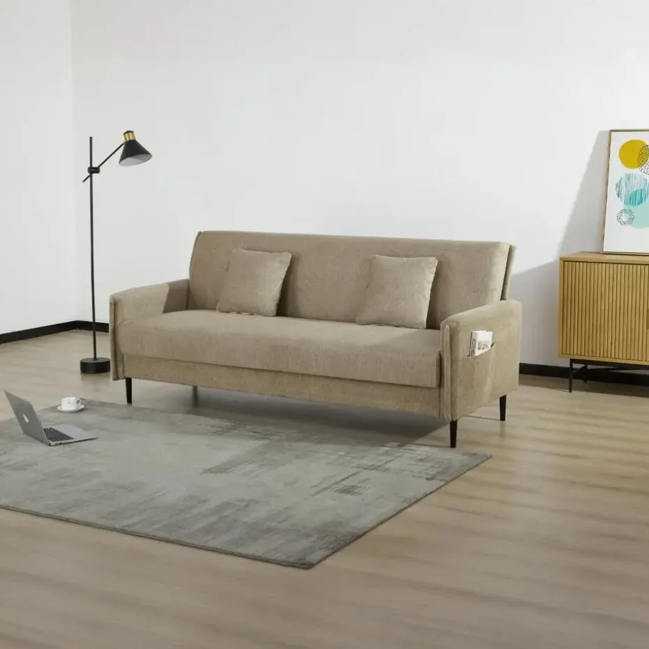 Slaapbank 3-Zits - Taupe Stof - Zithoogte 47cm - 200x85x87cm - Torvi