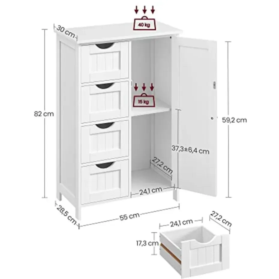 Songmics - Kast met 4 lades en deur - MDF - Wit