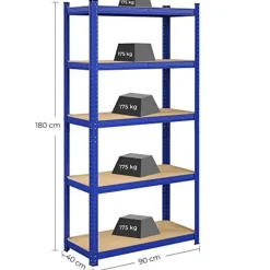 Stalen stellingkast met 5 etages, 875 KG, 40x90x180cm, blauw