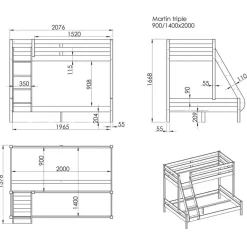 Stapelbed Triple 3-persoons hout - grijs