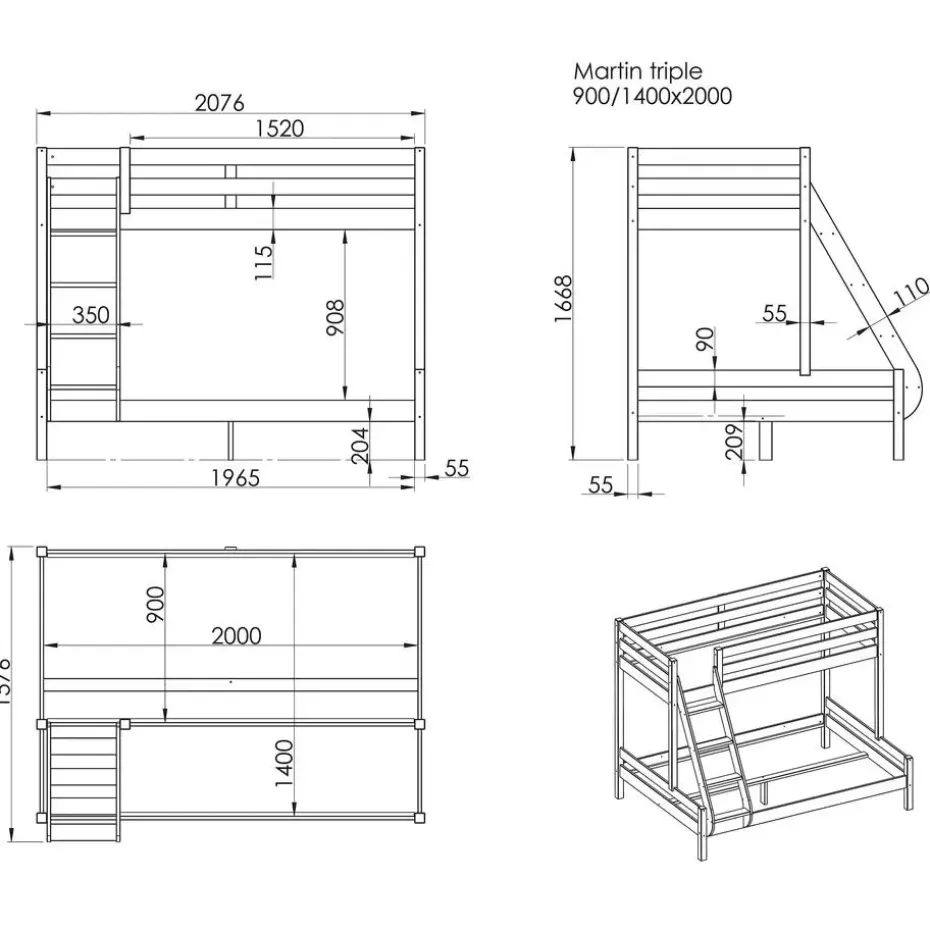 Stapelbed Triple 3-persoons hout - grijs