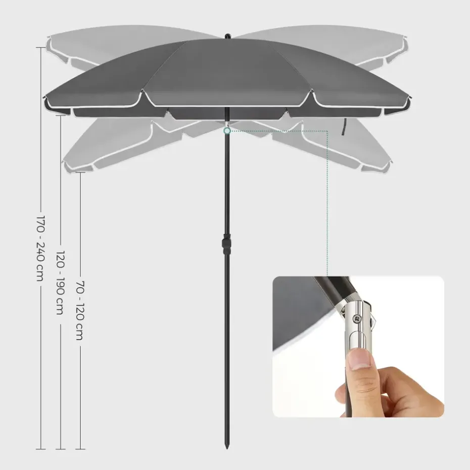 Stokparasol - Strandparasol - Ø 200 cm - Kantelbaar - met Draagtas - Grijs