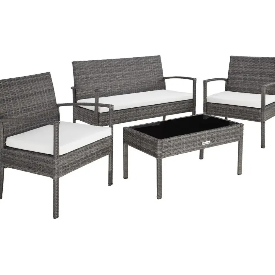 tectake - loungeset - bank, stoelen en tafel - wicker - grijs