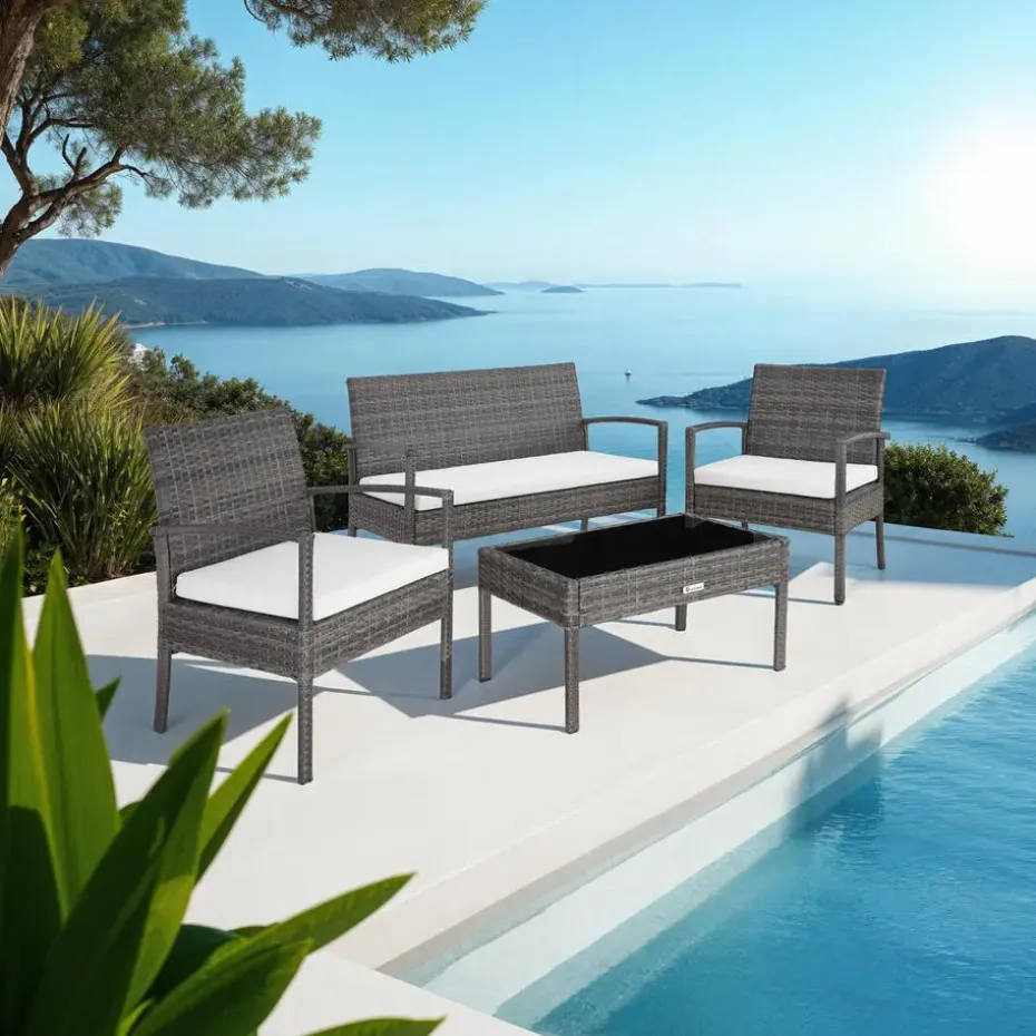 tectake - loungeset - bank, stoelen en tafel - wicker - grijs