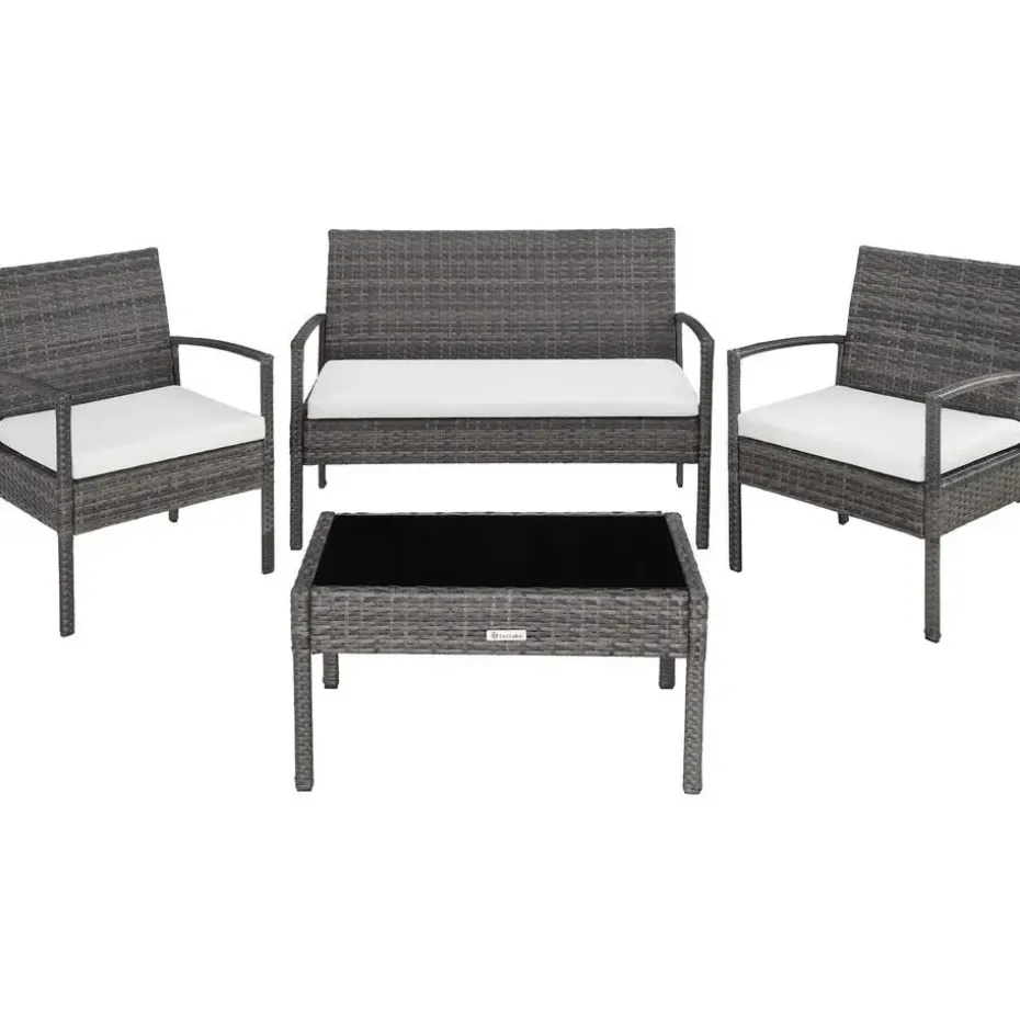 tectake - loungeset - bank, stoelen en tafel - wicker - grijs