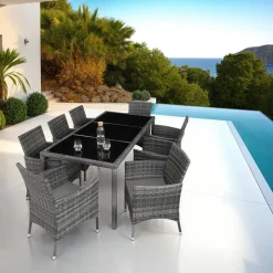 tectake - tuinset 8 stoelen en tafel - wicker - grijs