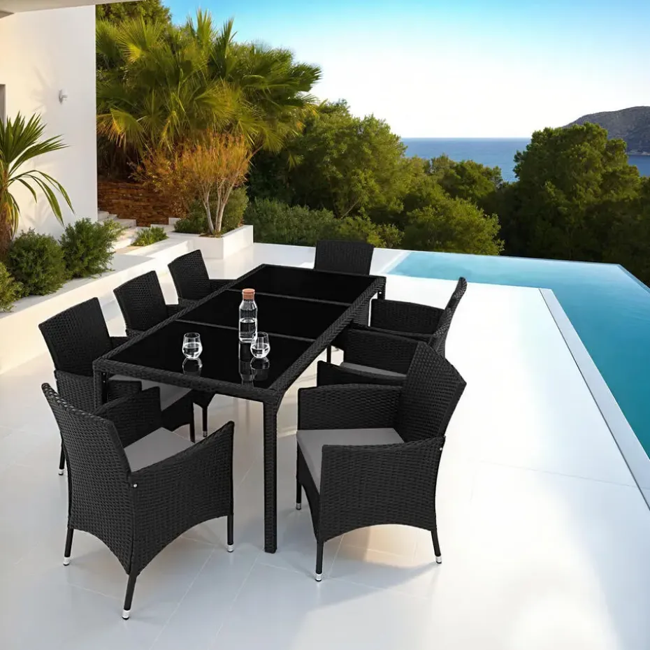 tectake - tuinset 8 stoelen en tafel - wicker - zwart / grijs