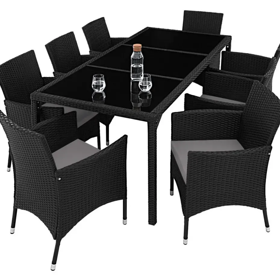tectake - tuinset 8 stoelen en tafel - wicker - zwart / grijs