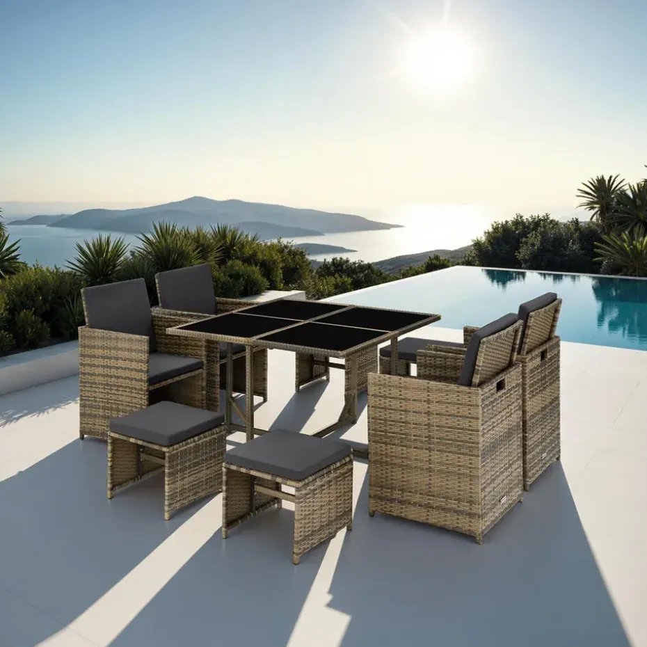 tectake - tuinset Bilbao - wicker met beschermhoes - natuurkleur