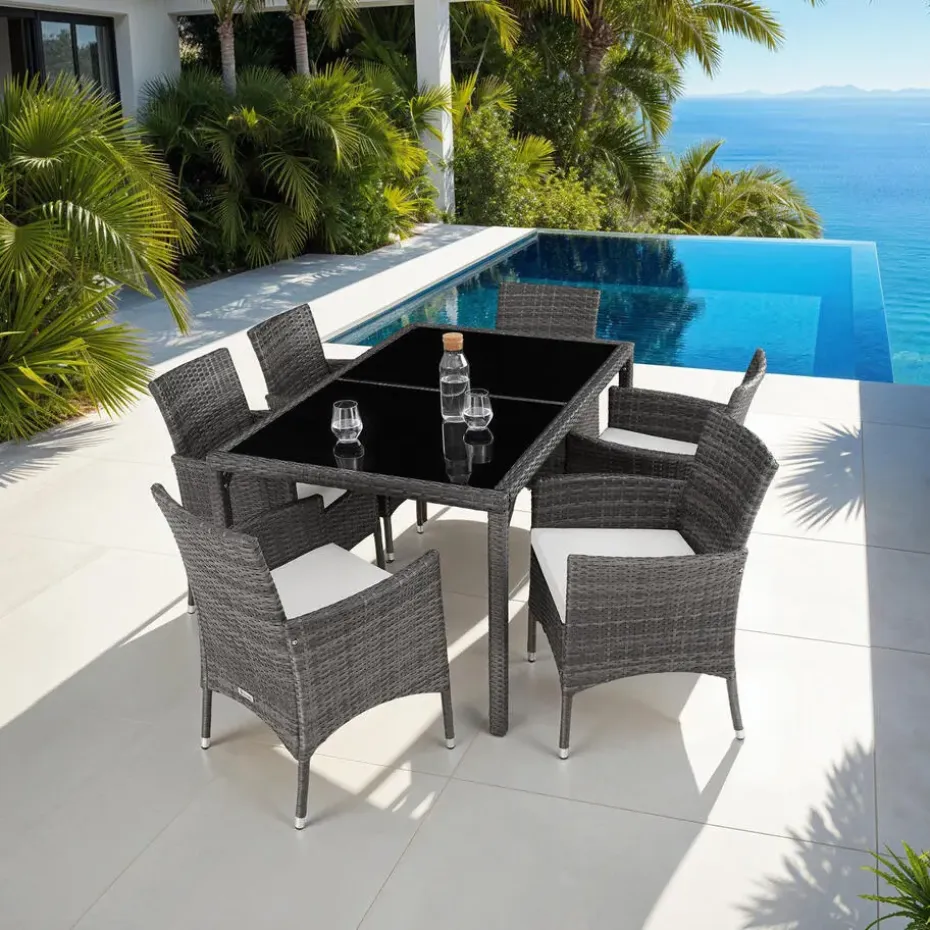 tectake - tuinset Porto 6 + 1 - wicker - grijs