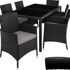 tectake - tuinset Porto 6 + 1 - wicker - zwart / grijs