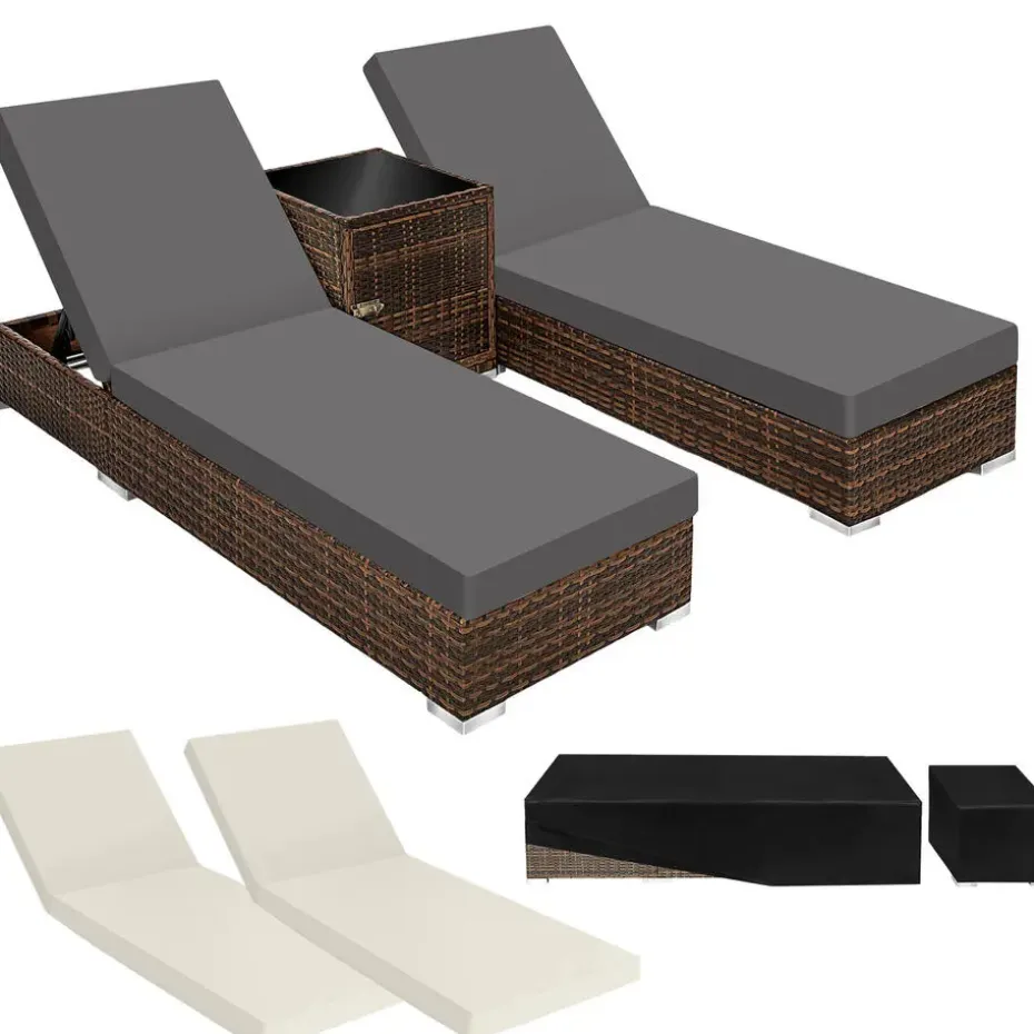 tectake 2 wicker ligbedden met aluminium frame en tafel, inclusief beschermhoes