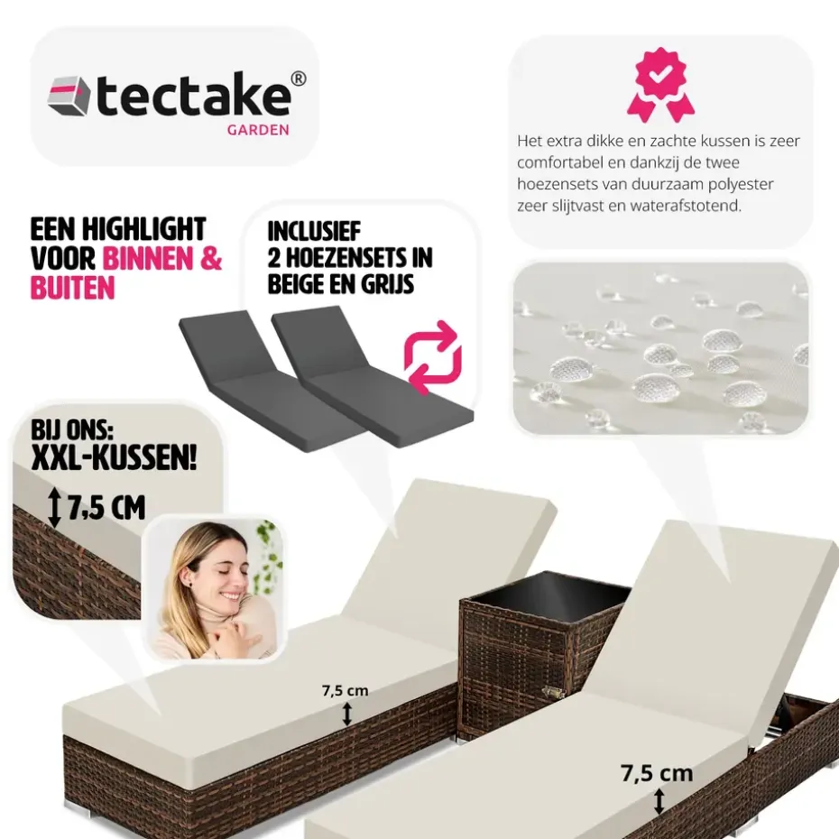 tectake 2 wicker ligbedden met aluminium frame en tafel, inclusief beschermhoes