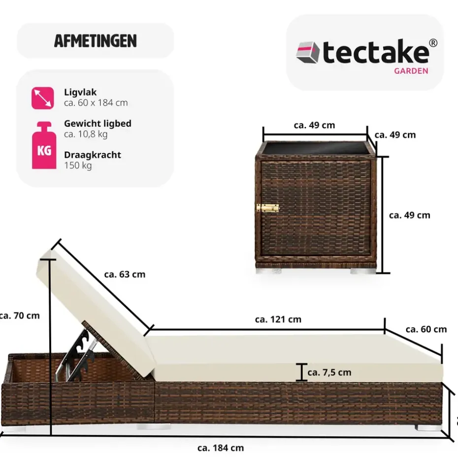 tectake 2 wicker ligbedden met aluminium frame en tafel, inclusief beschermhoes