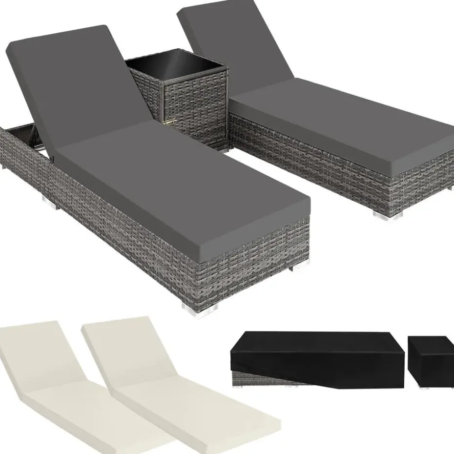 tectake 2 wicker ligbedden met aluminium frame en tafel, inclusief beschermhoes