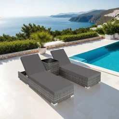 tectake 2 wicker ligbedden met aluminium frame en tafel, inclusief beschermhoes