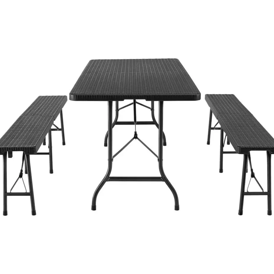 tectake Campingtafelset Vani inklapbaar in wicker-look, Zwart-wicker Look