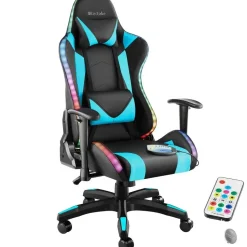 tectake Gaming stoel Tartaros, LED, massagefunctie, Zwart/azuur
