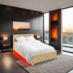 tectake Gestoffeerd bed met LED & opbergruimte, 120 x 200 cm, Beige