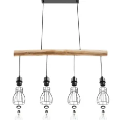 tectake Hanglamp Woody, 4-lichts, met houten balk, 40 W, Zwart/bruin