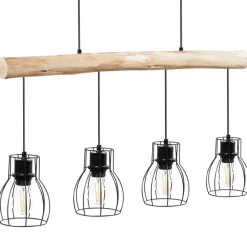 tectake Hanglamp Woody, 4-lichts, met houten balk, 40 W, Zwart/bruin