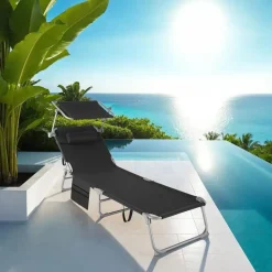 tectake Ligbed Chloé 4-niveaus, hoofdkussen en tas, Zwart