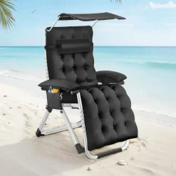 tectake Ligstoel Cloud II met zonnekap, opvouwbaar, Zwart