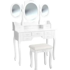 tectake Makeup-tafel met 7 lades, spiegel en hocker in antieke look, Wit