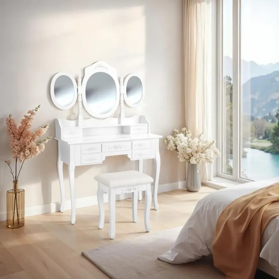 tectake Makeup-tafel met 7 lades, spiegel en hocker in antieke look, Wit