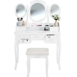 tectake Makeup-tafel met 7 lades, spiegel en hocker in antieke look, Wit
