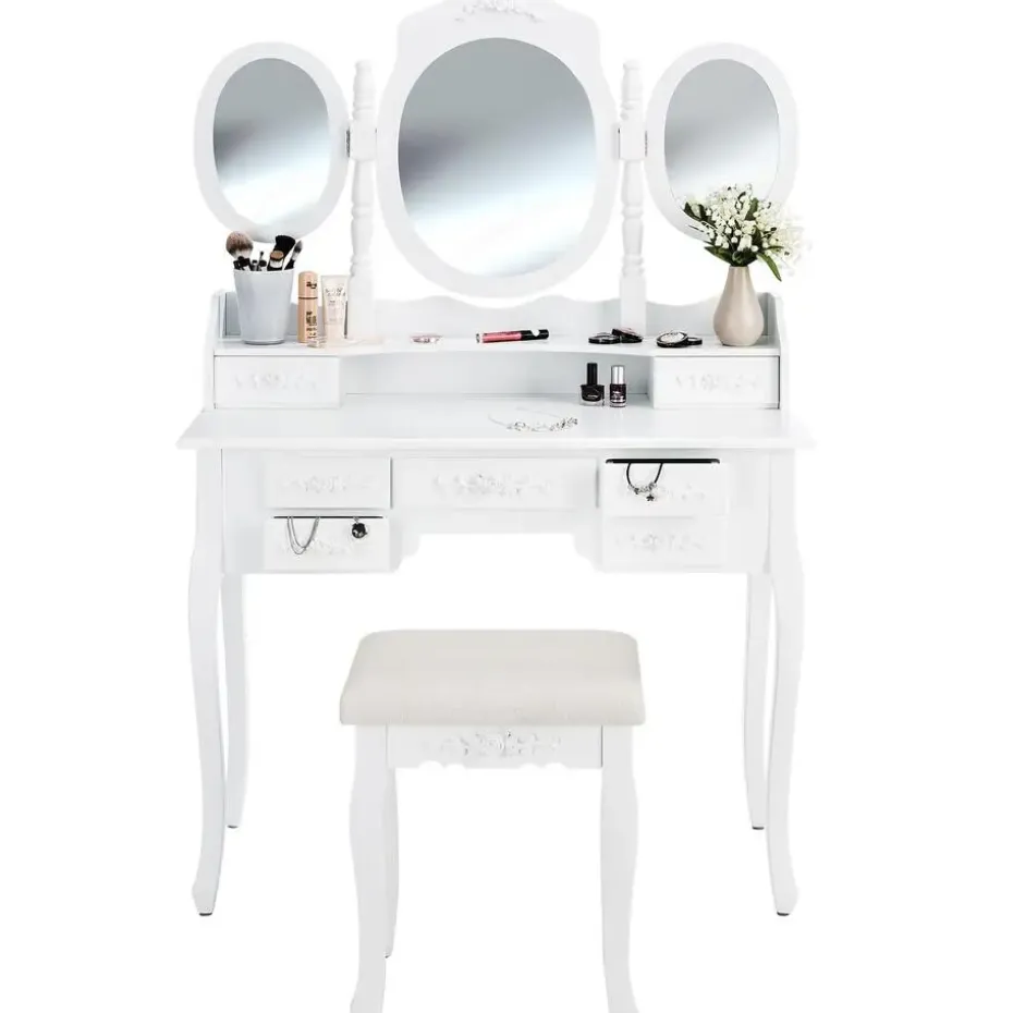 tectake Makeup-tafel met 7 lades, spiegel en hocker in antieke look, Wit