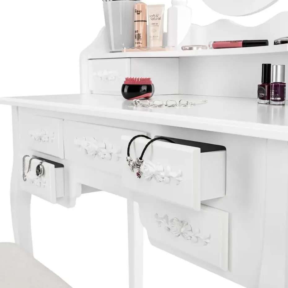 tectake Makeup-tafel met 7 lades, spiegel en hocker in antieke look, Wit
