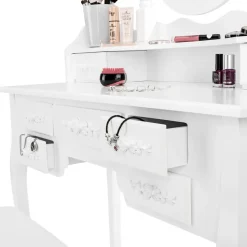 tectake Makeup-tafel met 7 lades, spiegel en hocker in antieke look, Wit